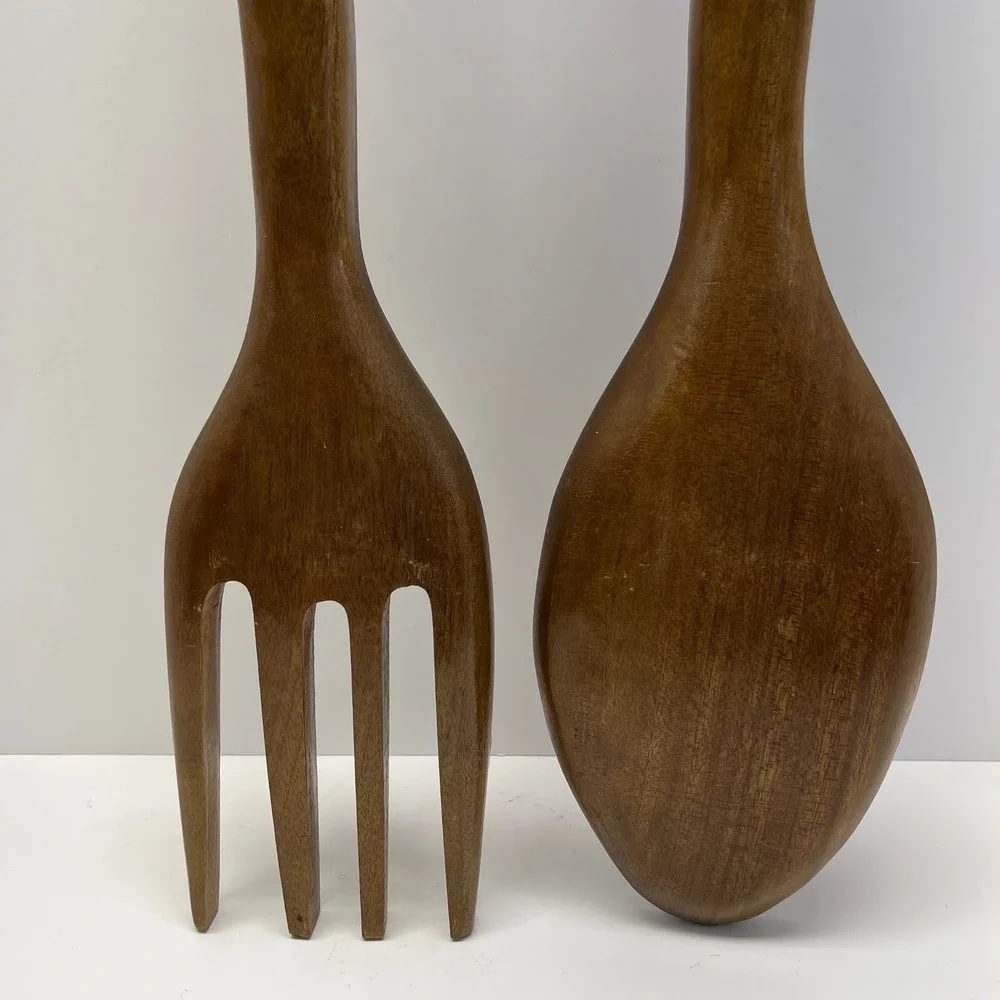 Vintage Hand Carved Wooden Tiki Totem Spoon‎ and Fork Wall Decor Set 21 Inch MCM